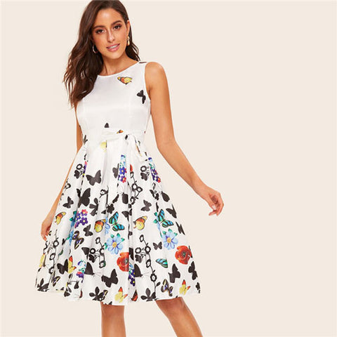 Zip Back Floral And Butterfly Print Belted White Midi Dress
