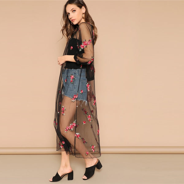 Floral Embroidered Raglan Sleeve Sheer Mesh Kimono