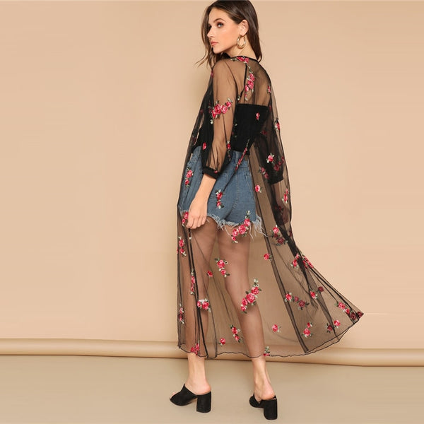 Floral Embroidered Raglan Sleeve Sheer Mesh Kimono
