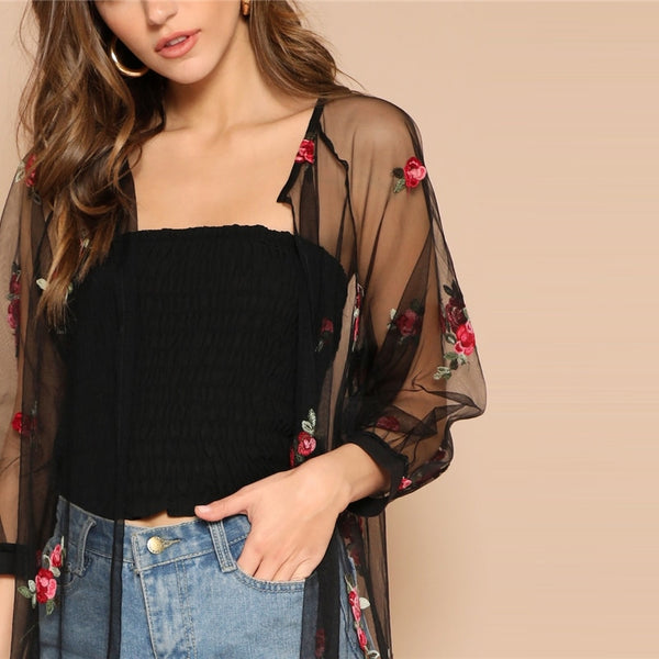 Floral Embroidered Raglan Sleeve Sheer Mesh Kimono