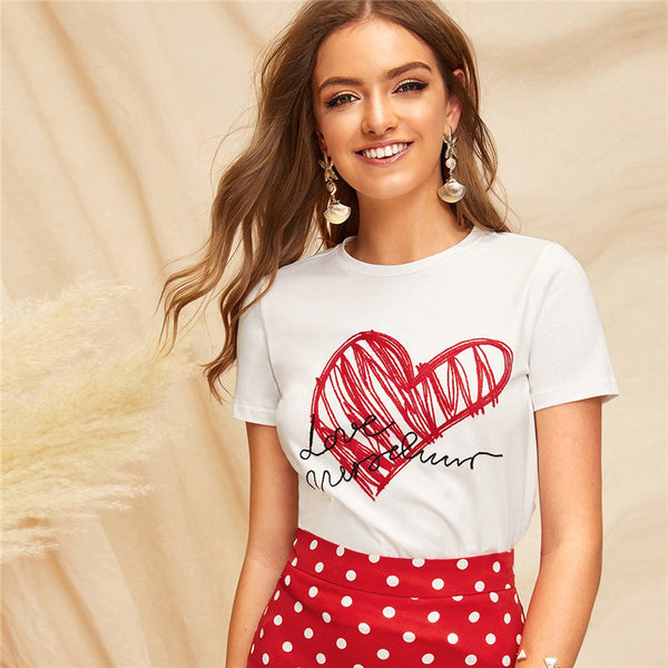 Simple Round Neck Graphic Print White T-Shirt