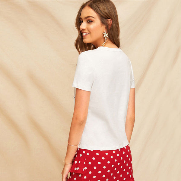 Simple Round Neck Graphic Print White T-Shirt