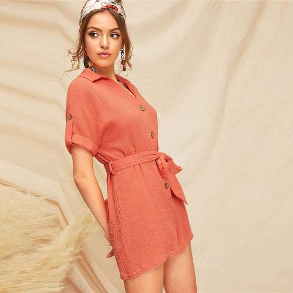 Orange Roll Up Sleeve Single Breasted Mini Jumpsuit