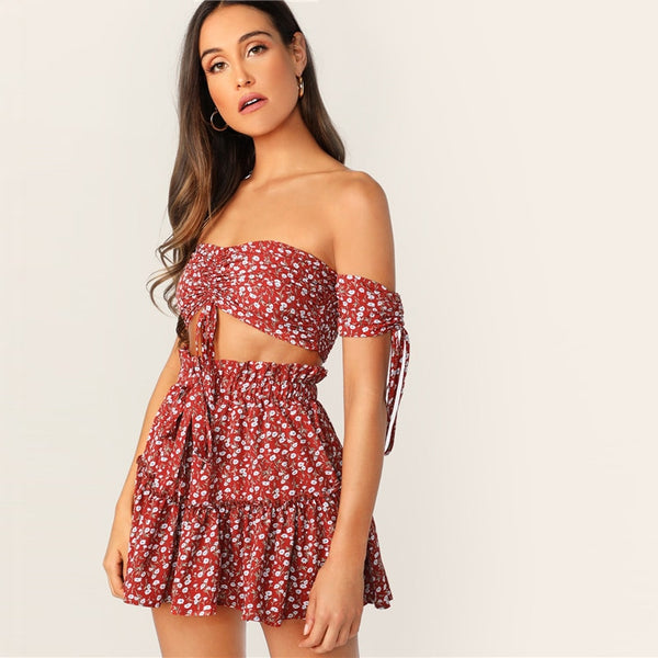 Ruched Front Shirred Crop And Ditsy Floral Skirt