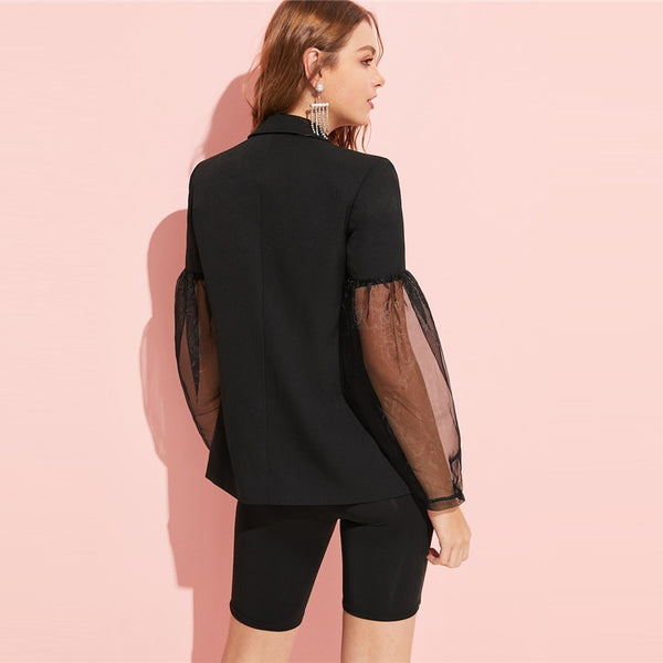 Black Notched Collar Contrast Sleeve Single Button Blazer
