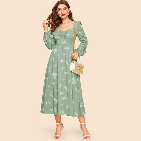 Green Ruched Front Lantern Sleeve Floral Dress