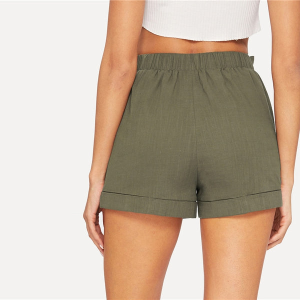Army Green Self Belted Elastic Waist Short