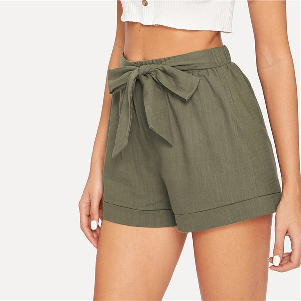 Army Green Self Belted Elastic Waist Short