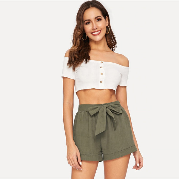 Army Green Self Belted Elastic Waist Short