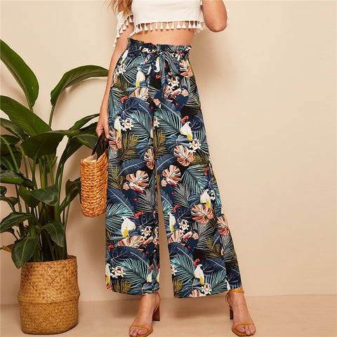 Belted Frilled Tropical Print Loose Long Palazzo Pant