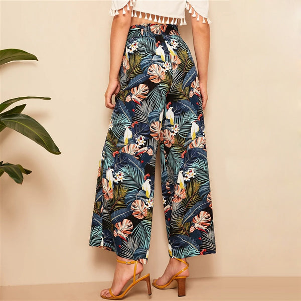 Belted Frilled Tropical Print Loose Long Palazzo Pant