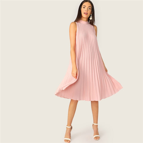 Pink Mock Neck Cut-Out Tie Back Pleated Tunic