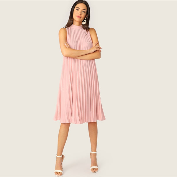 Pink Mock Neck Cut-Out Tie Back Pleated Tunic