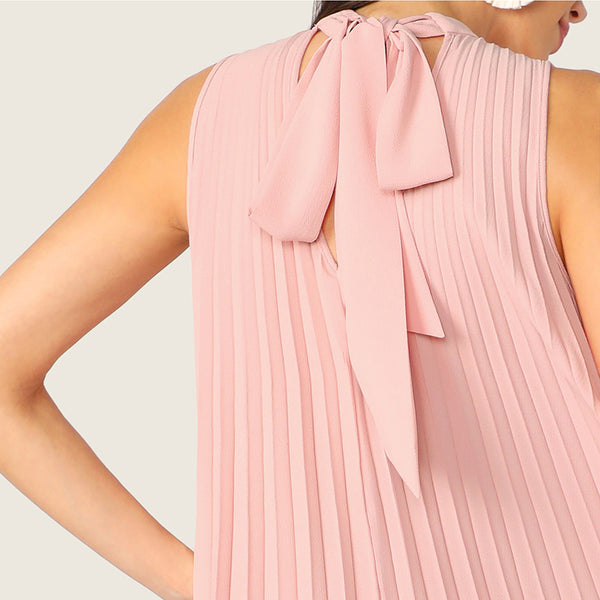 Pink Mock Neck Cut-Out Tie Back Pleated Tunic