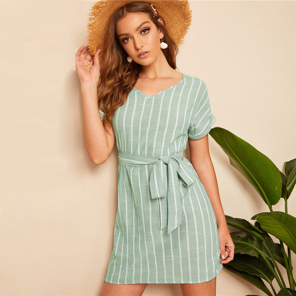 Green Pastel V Neck Vertical Striped Belted Dress