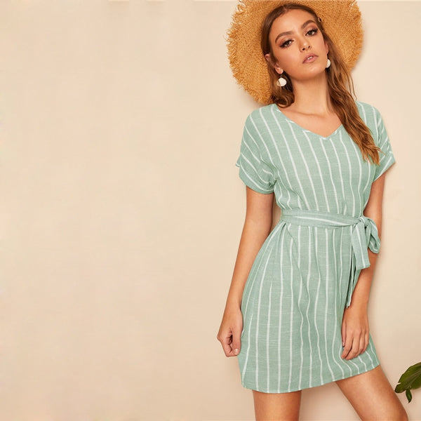 Green Pastel V Neck Vertical Striped Belted Dress