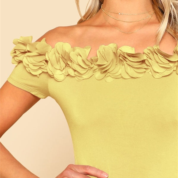 Pink Flower Applique Off the Shoulder Bodysuit