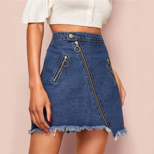 O-Ring Zip Detail Frayed Hem Denim Skirt