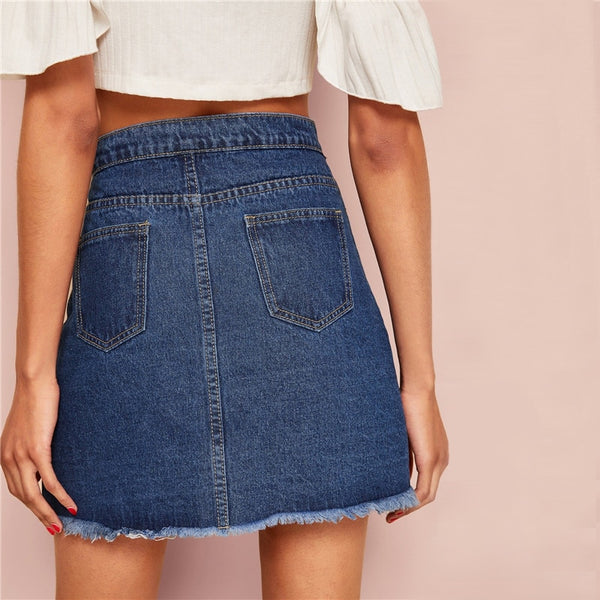 O-Ring Zip Detail Frayed Hem Denim Skirt