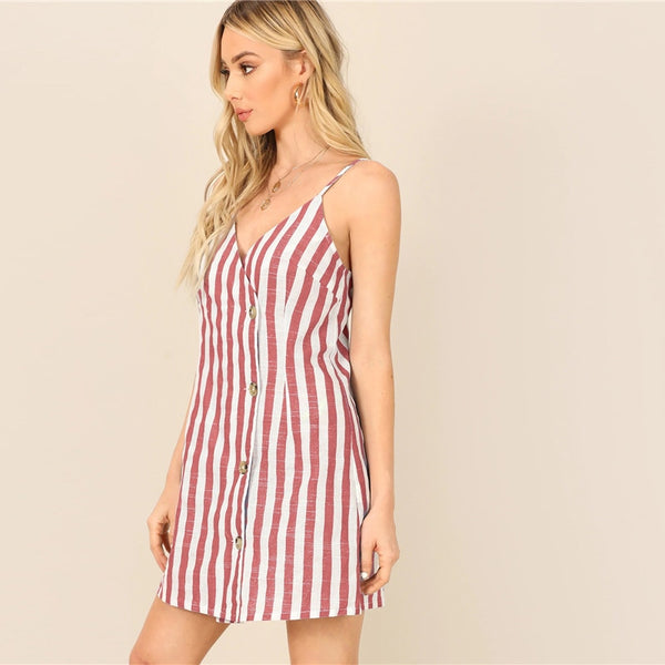 Beach Blue Single Breasted Wrap Striped Cami Sheath Short Dress