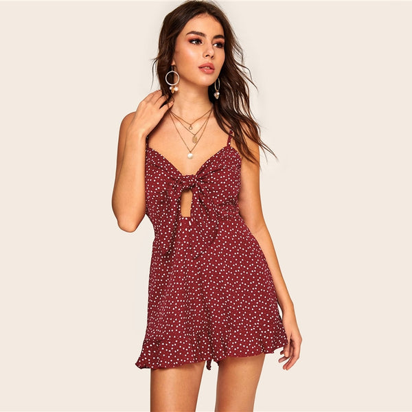Heart Print Ruffle Hem Knotted Peekaboo Jumpsuit