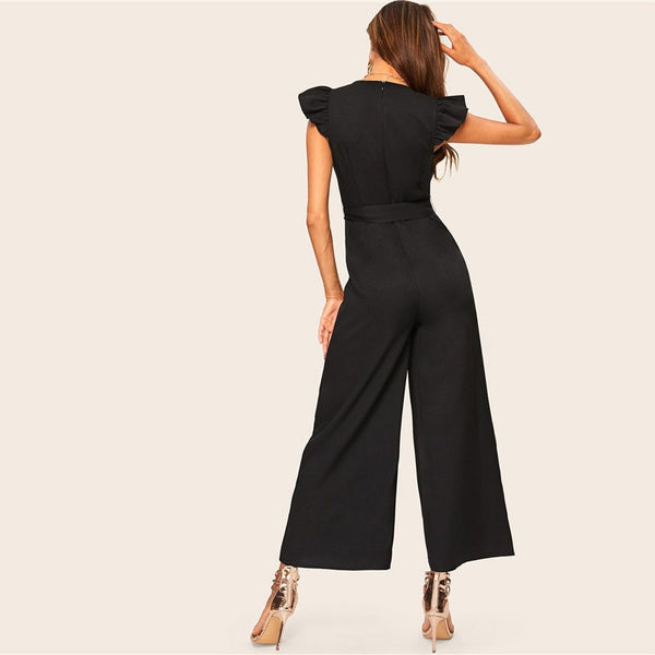 Surplice Wrap Belted Wide Leg Black Jumpsuit