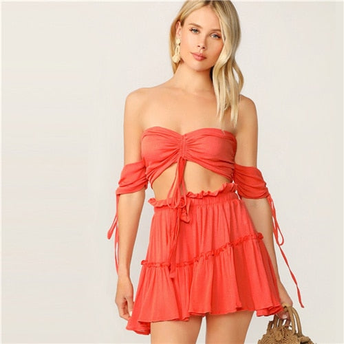 Drawstring Crop Bardot Top With Tiered Skirt Solid Frill