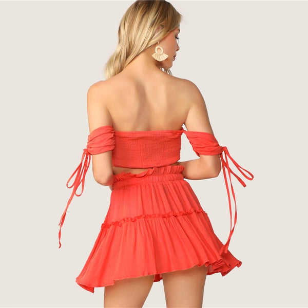 Drawstring Crop Bardot Top With Tiered Skirt Solid Frill