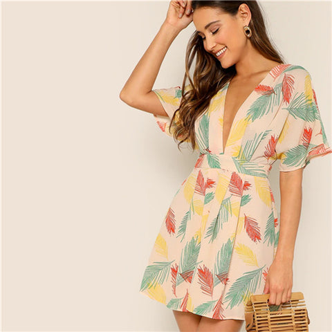 Plunge Neck Tied Open Back Tropical Dress