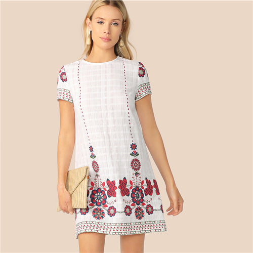 White Floral Print Textured Tunic Summer Dress