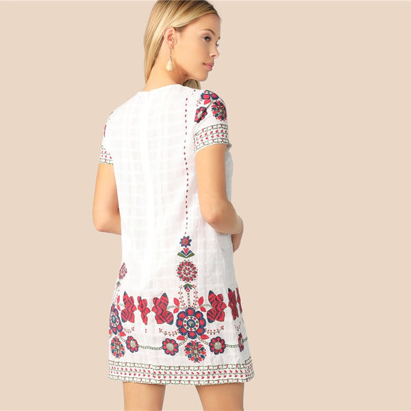 White Floral Print Textured Tunic Summer Dress