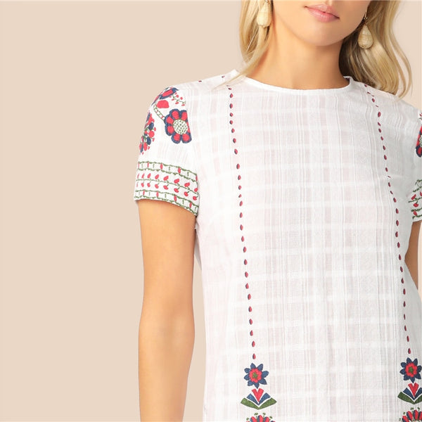 White Floral Print Textured Tunic Summer Dress