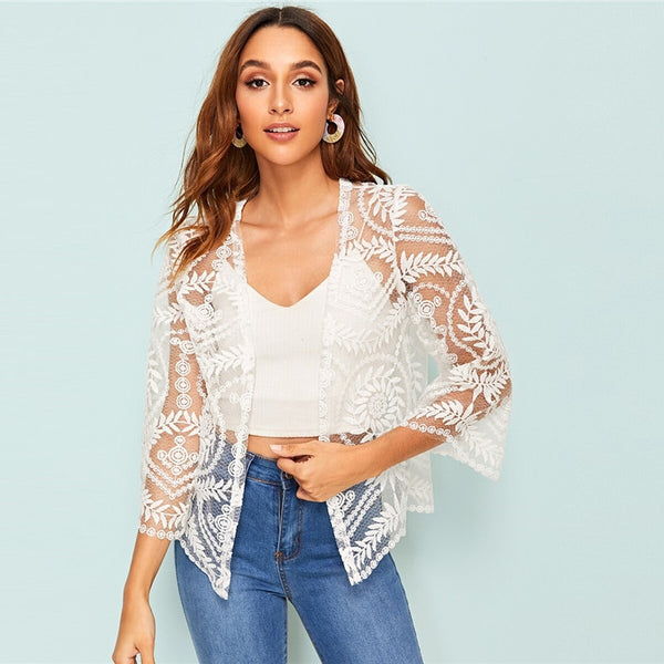 Embroidered Mesh White Sheer Kimono