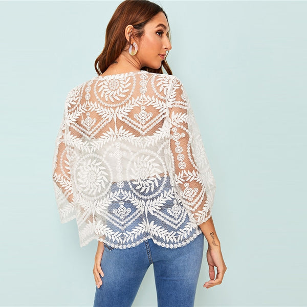 Embroidered Mesh White Sheer Kimono