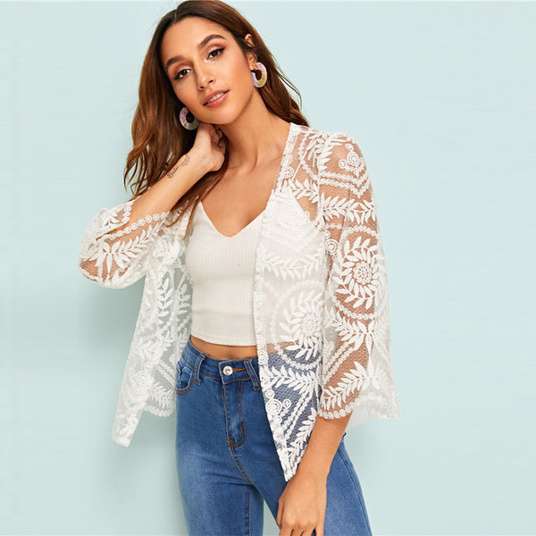Embroidered Mesh White Sheer Kimono