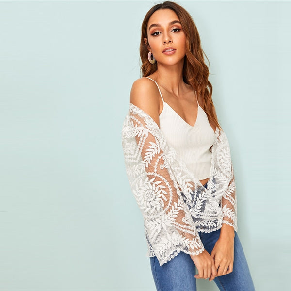 Embroidered Mesh White Sheer Kimono