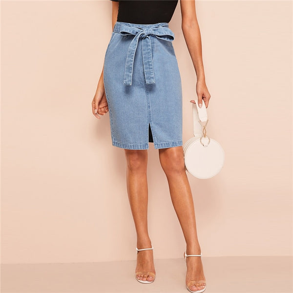 Blue Zipper Slit Front Belted Denim Skirt