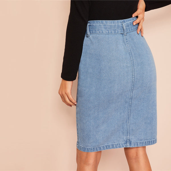 Blue Zipper Slit Front Belted Denim Skirt