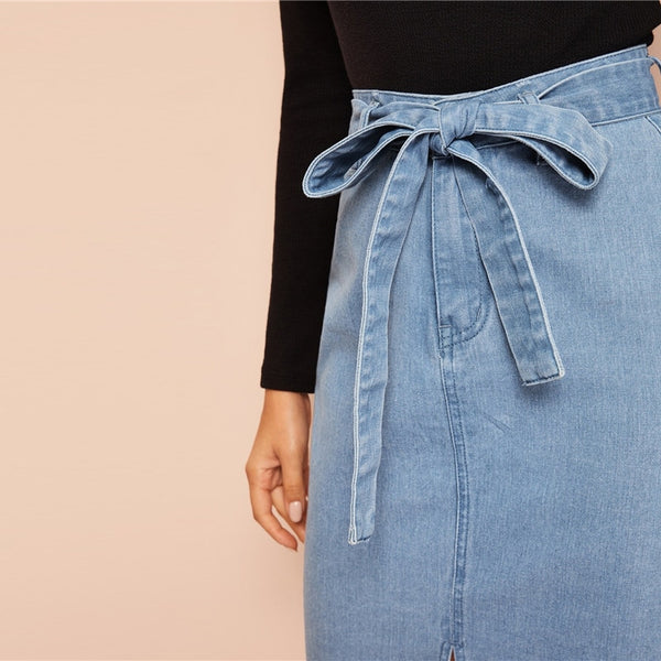 Blue Zipper Slit Front Belted Denim Skirt