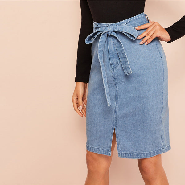 Blue Zipper Slit Front Belted Denim Skirt