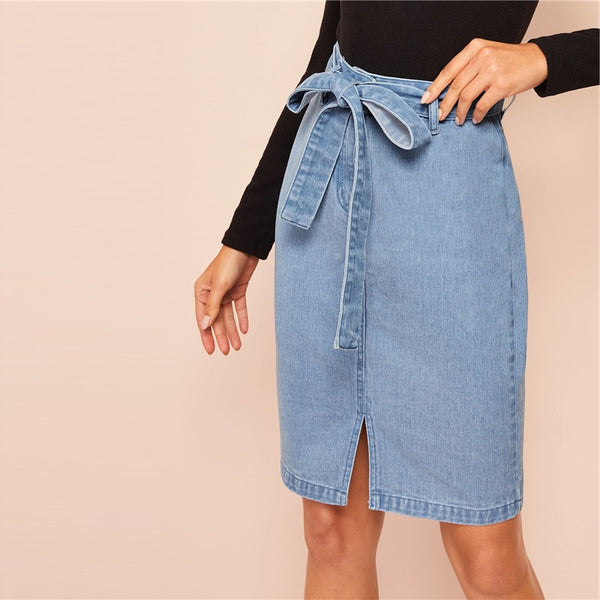 Blue Zipper Slit Front Belted Denim Skirt