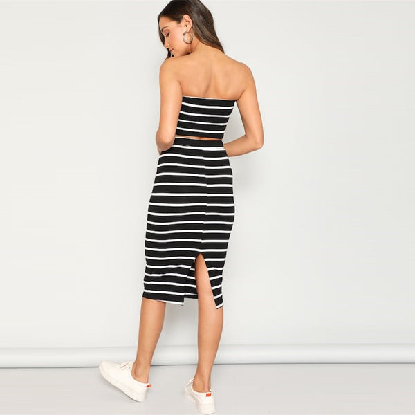 Sexy Striped Bandeau Crop And Slit Hem Skirt