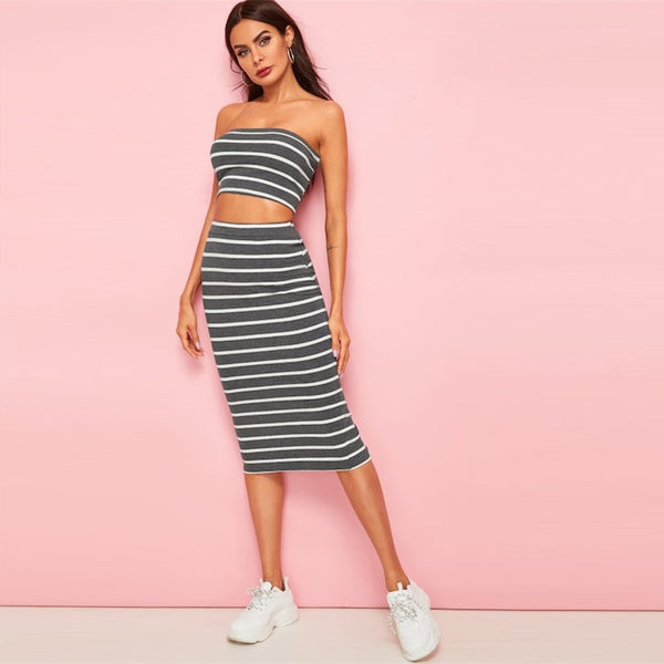 Sexy Striped Bandeau Crop And Slit Hem Skirt
