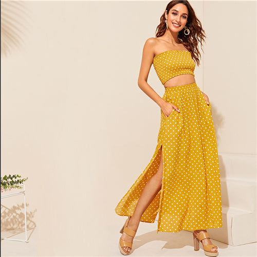 Boho Polka Dot Shirred And Black Maxi Skirt