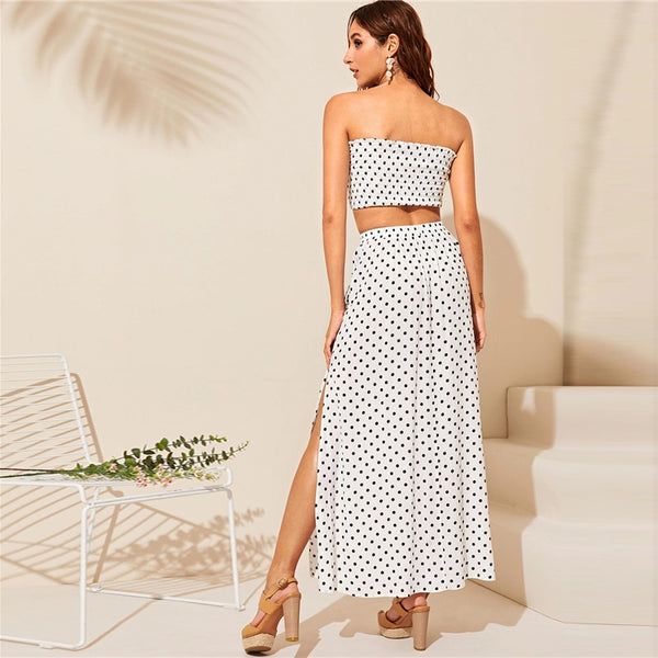 Boho Polka Dot Shirred And Black Maxi Skirt