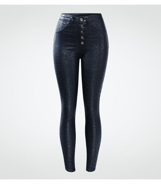 High Waist Black Leopard Pattern Stretch Skinny Denim Jean Pants