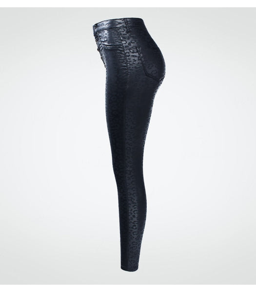 High Waist Black Leopard Pattern Stretch Skinny Denim Jean Pants