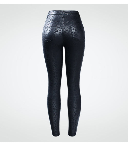 High Waist Black Leopard Pattern Stretch Skinny Denim Jean Pants