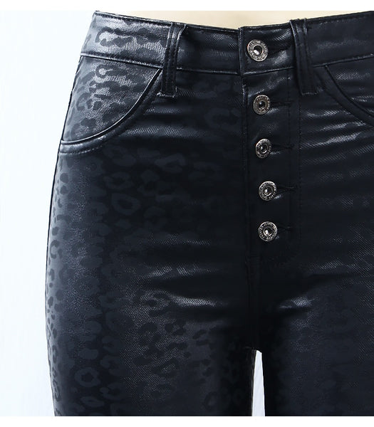 High Waist Black Leopard Pattern Stretch Skinny Denim Jean Pants