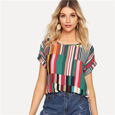 Multicolor Mix Striped Print Rolled Up T-Shirt